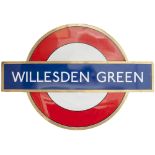 London Underground enamel target/ bullseye sign WILLESDEN GREEN with original bronze frame. Pre-