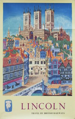 Poster BR LINCOLN TRAVEL BY BRITISH RAILWAYS by Kerry Lee. Double Royal 25in x 40in. In good