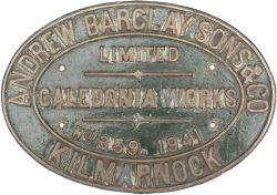 Diesel worksplate ANDREW BARCLAY SONS & CO LIMITED CALEDONIA WORKS KILMARNOCK No359 1941 ex War