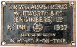 Worksplate SIR W. G. ARMSTRONG WHITWORTH & CO (ENGINEERS) LTD No1381 1937 SCOTSWOOD WORKS