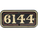 GWR cast iron cabside numberplate 6144 ex Collett 2-6-2 T built at Swindon in 1932. Sheds included