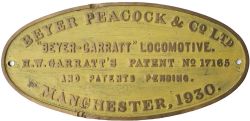 Worksplate BEYER PEACOCK & CO LTD BEYER GARRATT LOCOMOTIVE H. W. GARRATTS PATENT No17165 AND PATENTS
