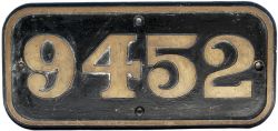 BR-W brass cabside numberplate 9452 ex Hawksworth 0-6-0 PT built by Robert, Stephenson & Hawthorn