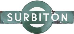 Southern Railway enamel target sign SURBITON from the former LSWR station between Wimbledon and