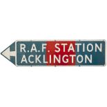 Motoring road sign R.A.F. STATION ACKLINGTON. Pressed Aluminium measures 40in x 10in and is in