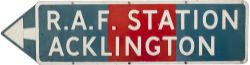 Motoring road sign R.A.F. STATION ACKLINGTON. Pressed Aluminium measures 40in x 10in and is in