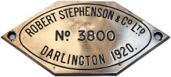 Worksplate ROBERT STEPHENSON & CO LTD DARLINGTON No3800 1920 ex Brecon & Merthyr Railway 0-6-2 T,