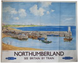 Poster BR(NE) NORTHUMBERLAND SEE BRITAIN SEAHOUSES BY TRAIN by J. G. Fullerton. Quad Royal 40in x