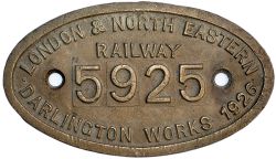 Worksplate 9x5 LONDON & NORTH EASTERN RAILWAY DARLINGTON WORKS 1925 5925 ex Gresley J38 0-6-0 65925.