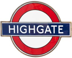 London Underground enamel target/bullseye sign HIGHGATE in original bronze frame. Measures 24in x