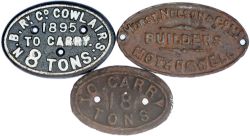 A selection of 3 wagonplates to include; NBR Cowlairs 1895 To Carry 8 Tons, oval To Carry 18 Tons,