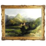 Continental school, late 19th century Alpine village with figures in a meadow to the fore,