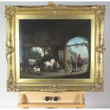 British school, 19th century Farmyard scene with three gentleman saddling up, oil on canvas,