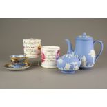 A selection of predominantly light blue Wedgwood jasper ware to include sucrier and cover,