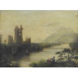 Attributed to William Traies (1789-1872) River landscape with a castle beyond, oil on panel,