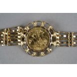 A half sovereign set bracelet, dated 1982, mounted to 9ct gold gate link bracelet, weight 12.