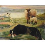 British school, late 19th century, Sheepdog resting amongst sheep by a lake, oil on canvas,