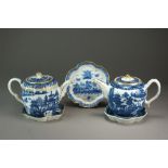 Two Caughley teapots, covers and stands in the Pagoda and Temple patterns, circa 1785,