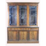 An Edwardian mahogany and chequer strung cabinet bookcase the molded cornice with faux Greek key