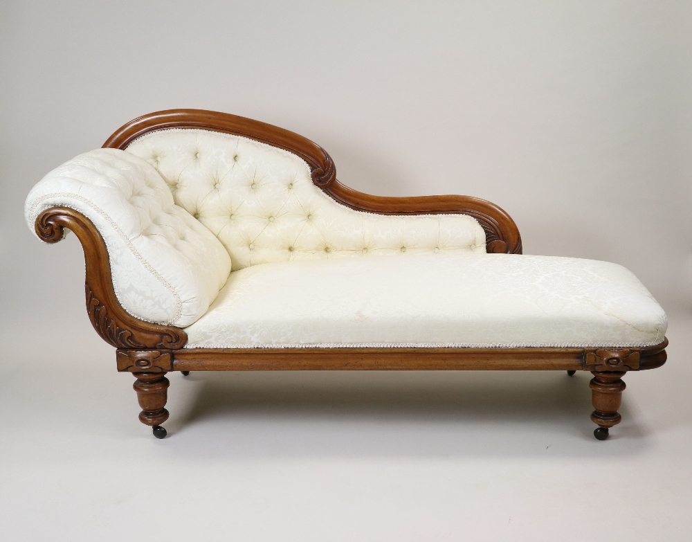 A mid Victorian mahogany framed scroll end chaise longue,
