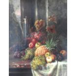 G Freeman (British school, late 19th century) Still life composition with a claret jug, pineapple,