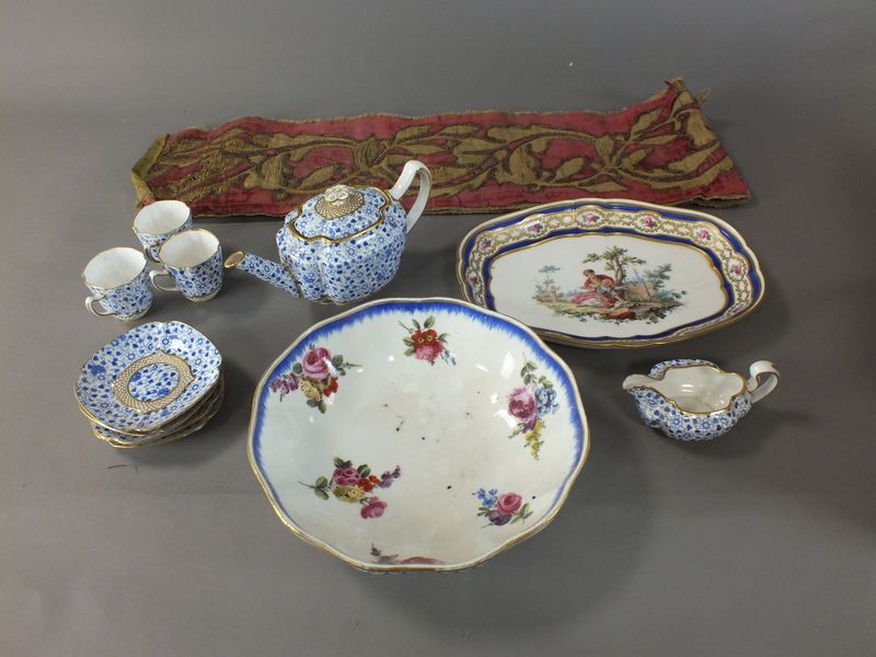 A Spode Copeland part tea services, two Sevres dishes and an embroidered table runner