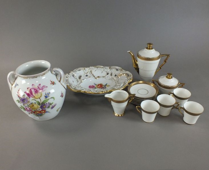 A German porcelain vase, Meissen dish, German Art Deco coffee service