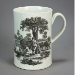 A Worcester cylindrical mug transfer-printed in black with the Milkmaid pattern, circa 1775,