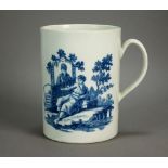 A Worcester cylindrical mug transfer-printed in underglaze blue with the La Peche and La Promenade