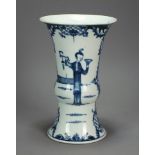 A Worcester porcelain gu form vase painted in blue with 'Long Elizas', circa 1775, unmarked,