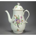 A Worcester porcelain polychrome coffee pot and cover with flower form finial, circa 1775-80,