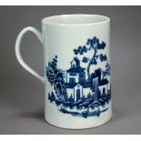 A Worcester porcelain cylindrical mug transfer-printed in the Plantation pattern, circa 1760-70,