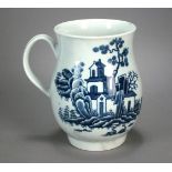 A Worcester baluster form mug transfer-printed in the Plantation pattern, circa 1775, unmarked,