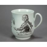 A Worcester porcelain bell-shape mug transfer-printed in black with the King of Prussia, circa 1757,