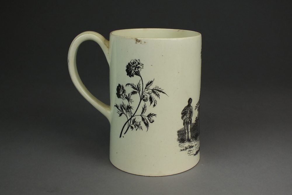 A Liverpool creamware mug transfer-printed in black with 'The Tea Party', - Image 3 of 3