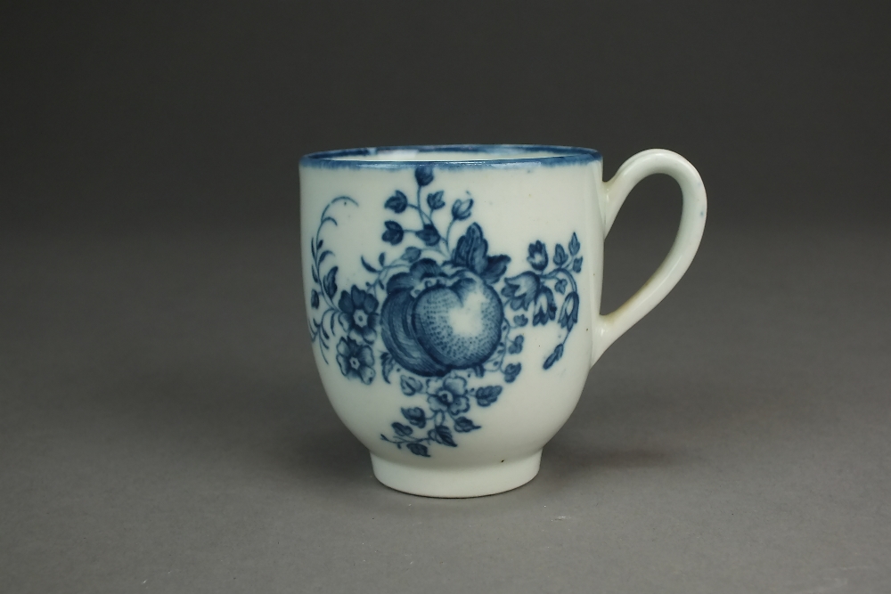 A Caughley porcelain coffee cup transfer-printed in the Apple and Damsons pattern, circa 1777-84,