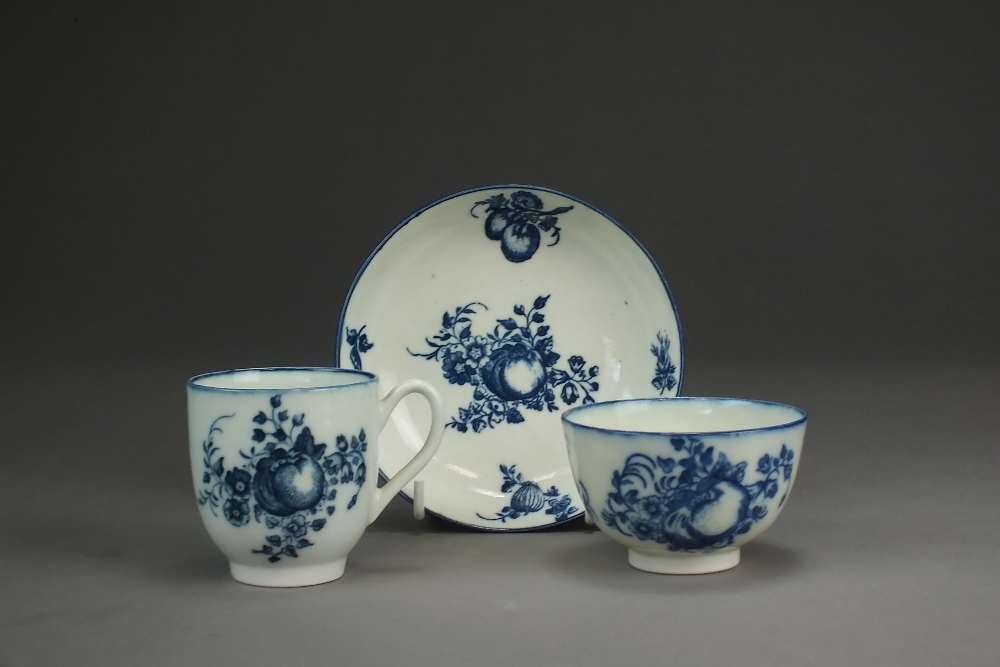 A Caughley porcelain trio of coffee cup, tea bowl and saucer, circa 1785,