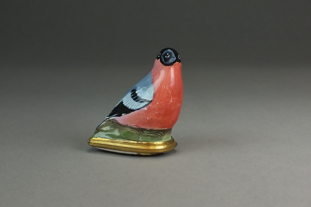 A Bilston enamel bird bonbonniere in the form of a male bullfinch, late 18th century,