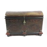 A painted oak ark, north European, the domed top carved with trefoil motifs and initials HK,