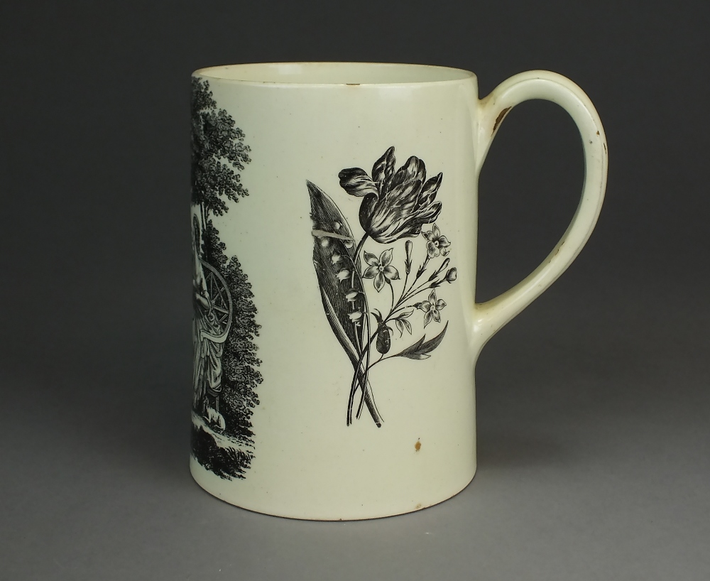 A Liverpool creamware mug transfer-printed in black with 'The Tea Party', - Image 2 of 3