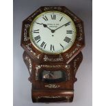 A mid to late 19th century inlaid rosewood drop dial clock with later movement and dial signed