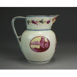 An English pearlware landscape and mask-head decorated jug, early 19th century,