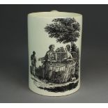 A Liverpool creamware mug transfer-printed in black with 'The Tea Party',