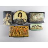 A collection of five papier mache snuff boxes,