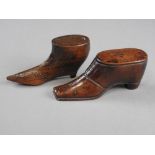 Two pique work treen shoe snuff boxes, first half 19th century, one with square toe,