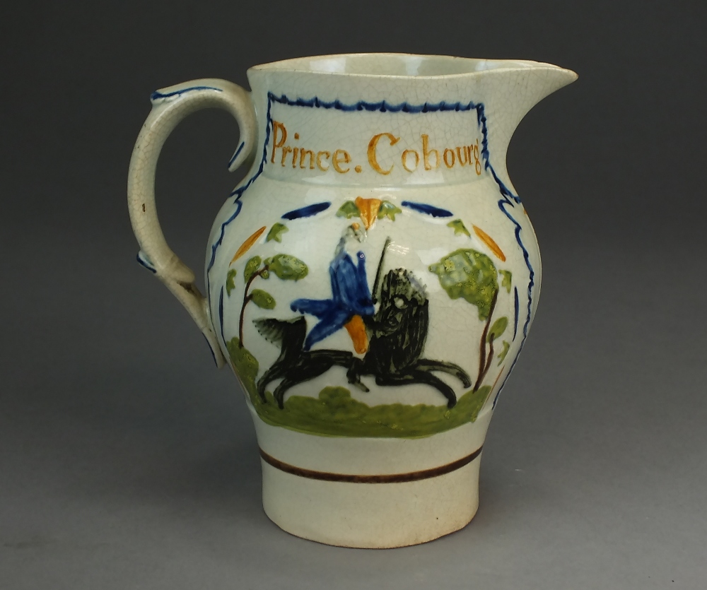 A Prattware 'Prince Cobourg and Duke of York' jug, circa 1800,