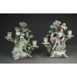 A pair of Derby porcelain twin-branch candlestick groups representing Liberty and Matrimony,