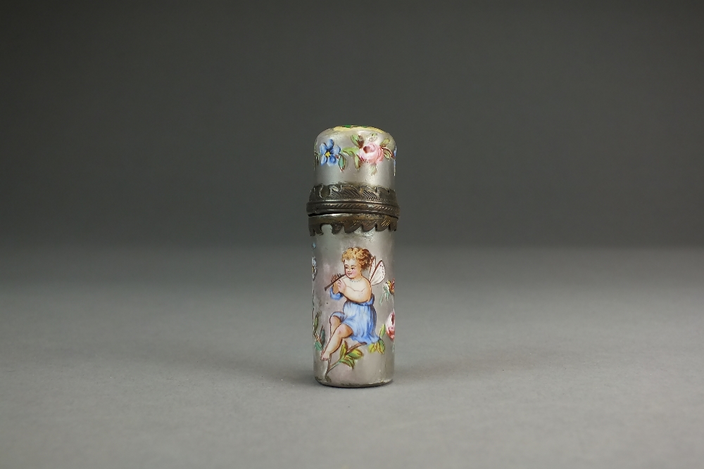 A cylindrical scent bottle case with white metal mounts, late 18th century,