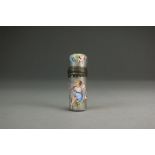 A cylindrical scent bottle case with white metal mounts, late 18th century,