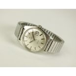 A Lady's stainless steel Omega Geneve Automatic wristwatch, the silvered dial with batons,